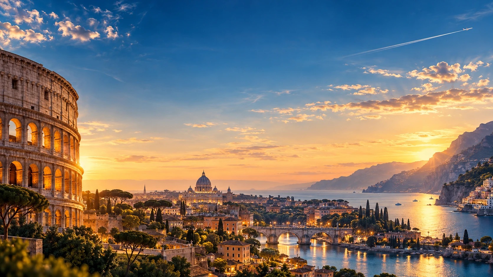 The Colosseum and Rome at sunset